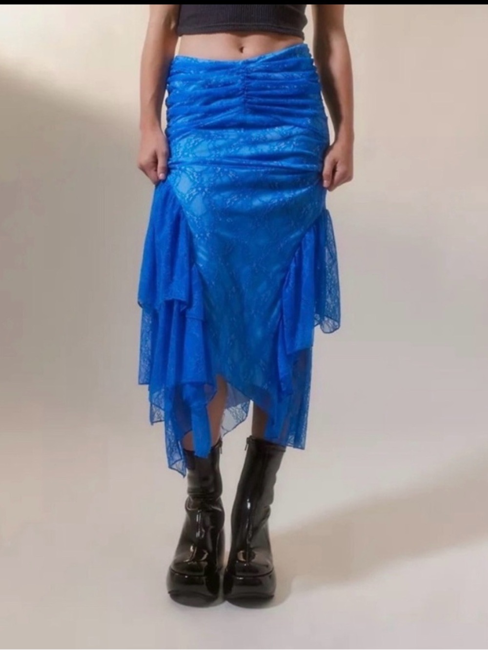Urban Outfitters CJ Lace Ruched & Ruffle Midi Skirt